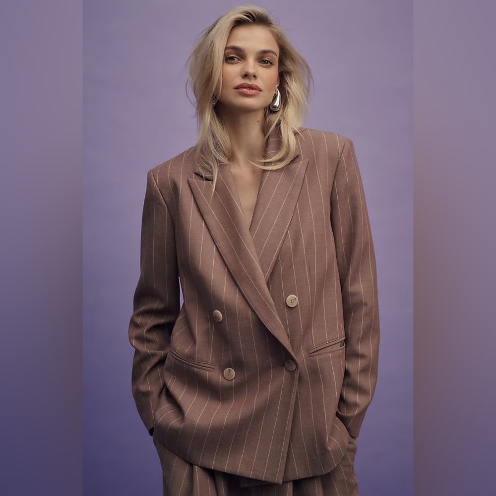 ANTHROPOLOGIE MAEVE THE RUE OVERSIZED PINSTRIPE BLAZER BROWN XSP